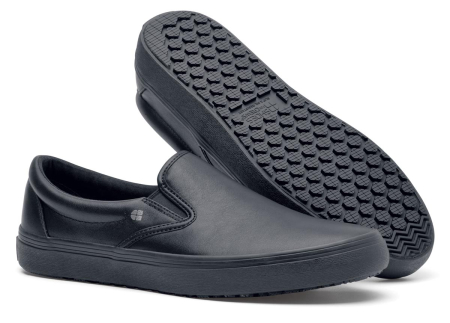 Shoes for Crews Merlin schwarz 42224, rutschfeste SFC Slipper aus Leder, Größe 47